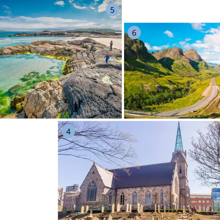 Highlights im Norden: Dublins Christ Church Cathedral, Glencoe in Schottland und Irlands wilde Küsten Eine dreiteilige Bildcollage zeigt die Vielfalt Irlands und Schottlands: Die historische Christ Church Cathedral in Dublin hinter einem alten Friedhof, die majestätischen, grünen Berge von Glencoe (The Three Sisters) in den schottischen Highlands mit einer gewundenen Passstraße sowie eine raue Felsküste mit glasklaren Gezeitenbecken an einem einsamen Sandstrand – eine perfekte Inspiration für eine Rundreise voller Geschichte und Natur.