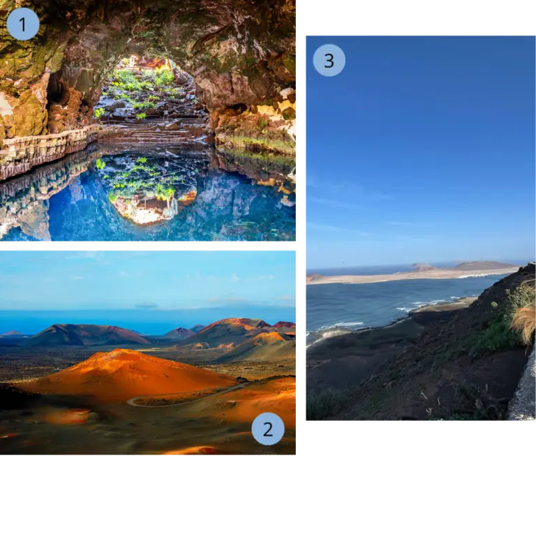 Höhle mit Lagune, eine Vulkanlandschaft und Küstenblick 1. Höhle mit einer klaren Wasserlagune im Inneren. Felsen umgeben das Wasser, die Umgebung wir im Wasser gespiegelt. 2. Eine weite Vulkanlanschaft mit rötlichen Hügeln und eine Straße, die sich durch die Berge schlängelt. 3. Aussicht von einer Küste mit Blick auf das Meer, Wellen und einer Insel unter blauem Himmel.