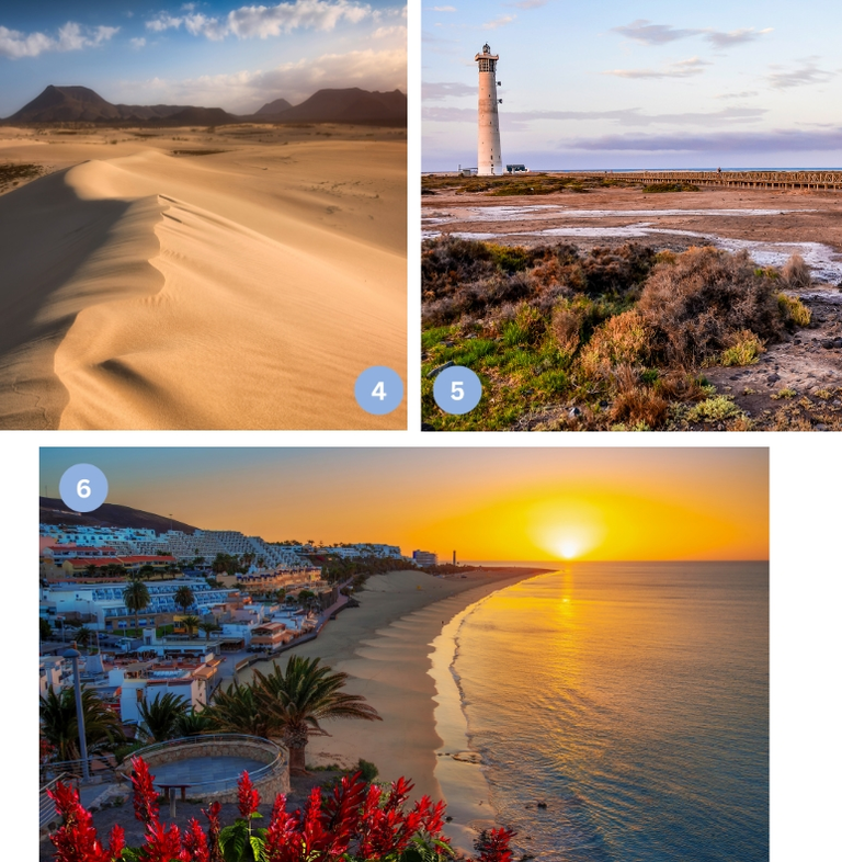 Fuerteventura entdecken - Sanddünen, Leuchtturm und Sonnenuntergang am Meer Die Collage zeigt die landschaftliche Vielfalt von Fuerteventura auf den kanarischen Inseln in Spanien mit weit geschwungenen Sanddünen in einer ruhigen Wüstenlandschaft (Corralejo), einem markanten Leuchtturm inmitten einer kargen Küstenregion (Jandía) und einem idyllischen Küstenort (Morro Jable) mit Palmen und Strand, der im warmen Licht des Sonnenuntergangs am Atlantik liegt und die besondere Atmosphäre von Urlaub, Naturerlebnis, Entschleunigung und Reisen zwischen Meer, Wind und vulkanischer Inselstruktur einfängt.
