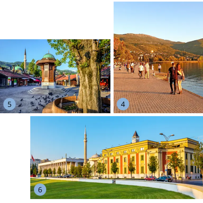 Auf dem Bild sind 3 kleinere Bilder zu erkennen: eine abendliche Promenade am Ohridsee in Nordmazedonien, wo Spaziergänger den Blick auf das glitzernde Wasser und die bewaldeten Hügel im goldenen Sonnenlicht genießen. Ein weiteres Bild zeigt das Basarviertel Baščaršija in Sarajevo, Bosnien und Herzegowina, mit dem berühmten hölzernen Sebilj-Brunnen, einem Minarett im Hintergrund, traditionellen Häusern und Tauben auf dem Platz. Das dritte Bild zeigt den Skanderbeg-Platz in Tirana, Albanien, mit historischer Architektur, der Et’hem-Bey-Moschee samt Minarett, repräsentativen Regierungsgebäuden im italienischen Stil und einer weitläufigen Grünfläche.