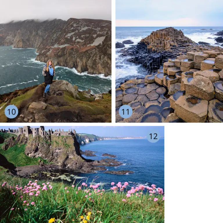 Collage mit den Steilklippen von Slieve League, dem UNESCO-Weltnaturerbe Giant’s Causeway und der Burgruine Dunluce Castle an der Küste – spektakuläre Landschaften in Nordirland.