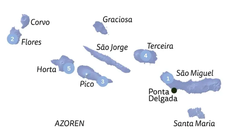 Übersichtskarte der Azoren im Atlantik mit den Inseln São Miguel, Terceira, Faial, Pico, Flores, Corvo, São Jorge, Graciosa und Santa Maria.