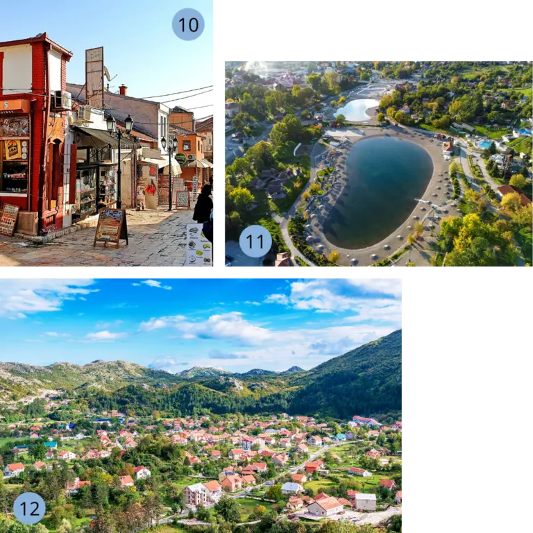 Auf dem Bild sind 3 kleinere Bilder zu erkennen: Eine charmante Altstadtgasse in Skopje, Nordmazedonien, mit kleinen Läden, Cafés und bunten Schildern, die eine lebendige Atmosphäre schaffen. Ein weiteres Bild zeigt die Stadt Tuzla in Bosnien und Herzegowina mit ihren bekannten Salinen-Seen, umgeben von Bäumen, Spazierwegen und Erholungsflächen. Das dritte Bild zeigt die Kleinstadt Cetinje in Montenegro, eingebettet in grüne Hügel und Berge, mit zahlreichen roten Ziegeldächern und malerischer Landschaft.