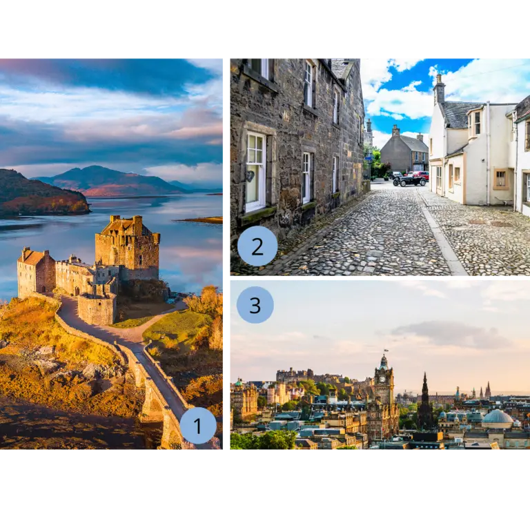 Schöne Drehorte in Schottland - Eilean Donan Castle, Culross und Edinburgh erleben mit Wolters Rundreisen. Auf dem Bild sind drei kleinere Bilder zu erkennen. Das erst zeigt das Eilean Donan Castle. Die Burg liegt direkt am Wasser und im Hintergrund sind Berge und der sehen zu sehen. Die Burg wird von warmen Sommerlicht angestrahlt. Das zweite Bild zeigt Culross ein charmantes Dorf aus Outlander bekannt. Man sieht Kopfsteinpflaster und historische Wohnhäuser. Das dritte Bild zeigt Edinburgh. Das Bild wurde zeigt Edinburgh über den Dächern. Die Sonne geht gerade unter und taucht die Kulisse in warmes Licht.