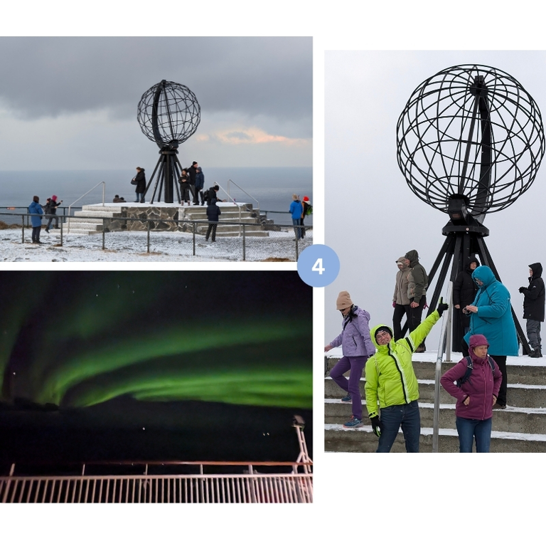 Alt-Text: Collage mit Impressionen vom Nordkap: Besucher an der markanten Weltkugel-Skulptur auf schneebedecktem Plateau und darüber die grün leuchtenden Polarlichter in der klaren Nacht – ein unvergesslicher Moment im hohen Norden.
