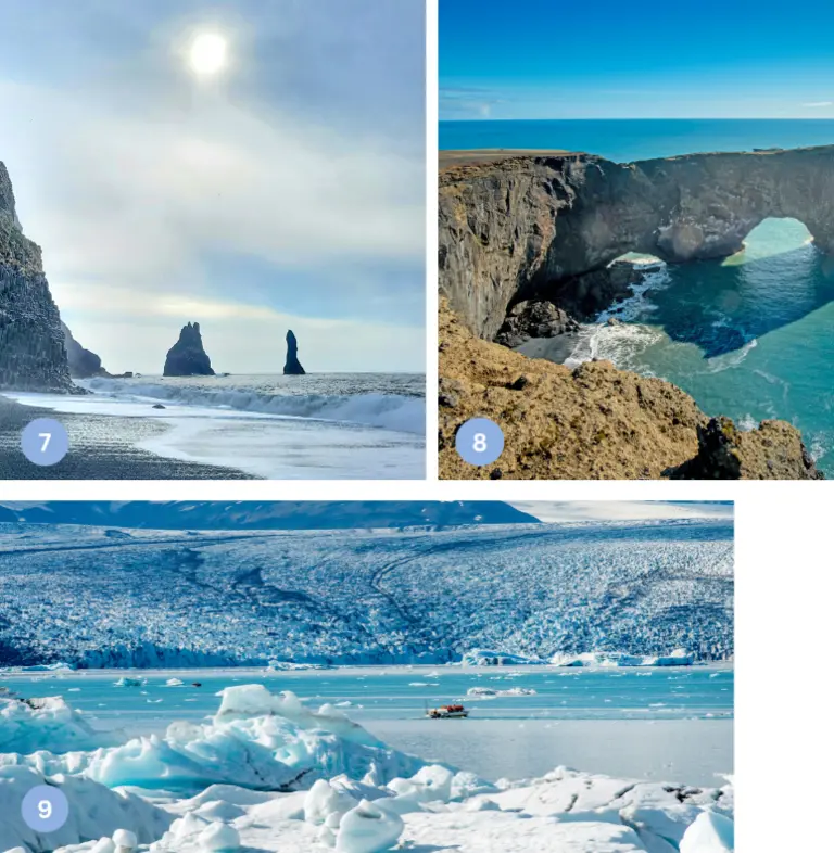 Diese Collage entführt an die wilden Küsten Islands. Eine Szene zeigt den schwarzen Sandstrand Reynisfjara mit den markanten Basaltsäulen und Felsen, die aus dem Meer ragen. Gleich daneben öffnet sich der Blick auf das Felsentor Dyrhólaey, das sich spektakulär ins Meer hinausstreckt. Den Abschluss bildet die Gletscherlagune Jökulsárlón, wo gigantische Eismassen treiben und die unberührte Weite der Natur spürbar wird.