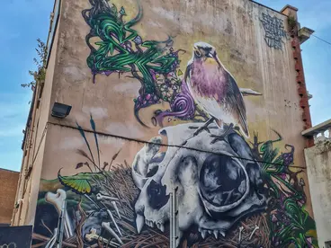 Urbane Kunst in Cartagena: Berühmtes Street-Art-Wahrzeichen entdecken Ein riesiges Street-Art-Wandbild in Cartagena, Spanien, zeigt als beeindruckende urbane Sehenswürdigkeit einen detailreichen Vogel, der auf einem Tierschädel in einem Nest thront, und macht diese faszinierende Kunst zu einem unvergesslichen kulturellen Highlight auf einer Reise.