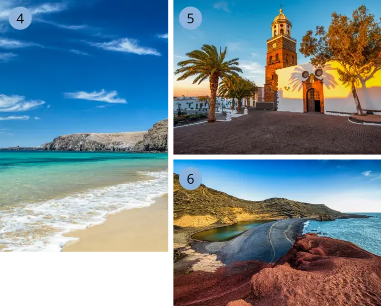 Küsten, Straßen und historische Gebäude Heller Sandstrand mit türkisfarbenem Wasser und leichten Wellen. Im Hintergrund sind graue Felsklippen. 5. Kirchengebäude mit Turm, welche mit Palmen und einem gepflasterten Platz umgeben wird und von warmen Licht angestrahlt wird. 6. Felsige Landschaft mit rötlicher Vulkanlandschaft und einer kleiner Lagune vor dem schwarzen Strand.