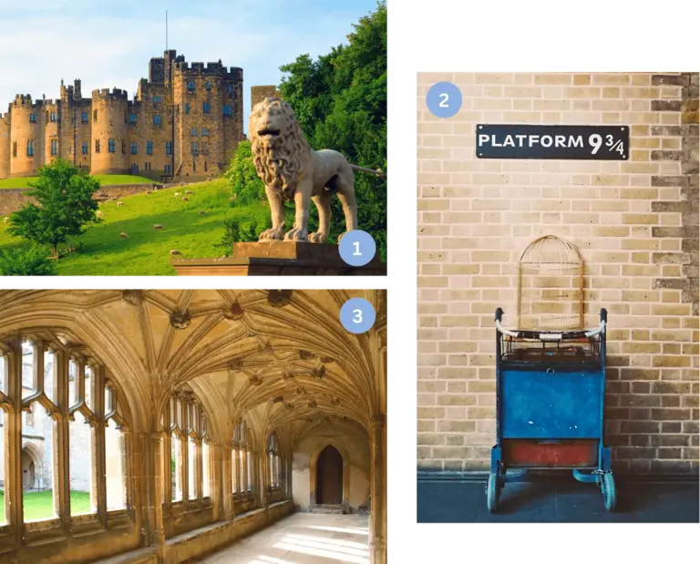 Auf dem Bild sind drei kleinere zu erkennen. Das erste Bild zeigt das ockerfarbende Alnwick Castle mit einer Löwenstatue davor. Das Schloss diente als Kulisse für Hogwarts™ aus Harry Potter. Die Statue ist im Vordergrund und zwischen ihr und dem Schloss liegt eine grüne Wiese. Das zweite Bild zeigt das Gleis 9 3/4 aus demselben Film. Der Kofferwagen steckt bereits in der Wand drinnen. Das dritte Bild zeigt das Lacock Village. Es ist ein Gang einer Abtei zu sehen, der Bögen hat und mit Ornamenten geziert ist.