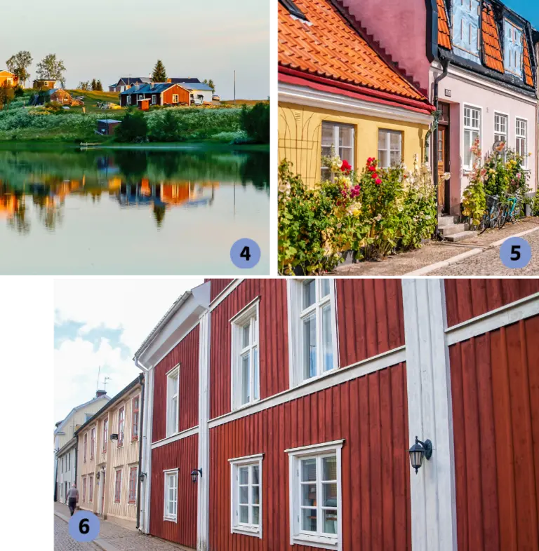 Die Bildcollage zeigt drei nummerierte Szenen aus Schweden: einen ruhigen See in Jämtland mit roten Holzhäusern auf einem grünen Hügel, eine gepflasterte Gasse mit gelber Hauswand in Ystad und die rote Holzwand eines Landhauses in Vimmerby. Gemeinsam vermitteln sie die Vielfalt schwedischer Filmkulissen zwischen Natur, Geschichte und ländlicher Idylle.