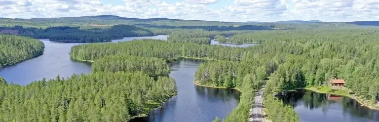 Luftaufnahme einer Seenlandschaft mit dichten Wäldern in Dalarna. Klare Gewässer, grüne Wälder und ein rotes Holzhaus spiegeln die schwedische Naturidylle wider.