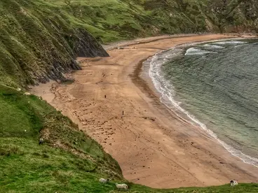 Irlands wilde Küste: Wanderung zu einem versteckten Sandstrand Der Blick von den saftig grünen Klippen Irlands fällt auf eine weite, einsame Sandbucht, wo das Meer sanft an den Strand spült und die unberührte Natur zu einem unvergesslichen Wander-Abenteuer während einer Reise einlädt.