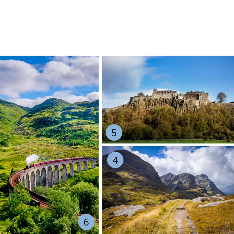 Schöne Filmkulissen in Schottland - Glennfinnan Viadukt, Glencoe und Stirling mit Wolters Rundreisen entdecken Auf dem Bild sind drei kleinere Bilder abgebildet. Das erste Bild zeigt das dramatische Tal Glen Coe. Zu sehen ist ein Weg und Berge im Hintergrund. Das Wetter ist bewölkt. Das zweite Bild zeigt das Stirling Castle auf einem Berg. Das dritte Bild zeigt das Glenfinnan Viadukt, auf dem der Jacobite Steam Train fährt und Dampf ausstößt. Die Gegen rundherum ist grün und besteht aus Bäumen und Wiesen.