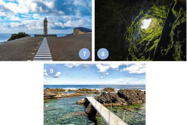 Vulkanische Landschaften auf den Azoren mit Leuchtturm an der Küste, einer moosbewachsenen Lavahöhle mit Lichteinfall von oben und natürlichen Lavapools am Atlantik. Die Bilder zeigen die raue Küstennatur, vulkanische Formationen und das Zusammenspiel von Meer, Fels und Licht.