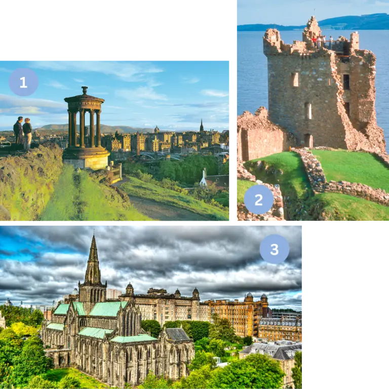 Auf dem Bild sind drei kleinere Bilder abgebildet. Das erste Bild zeigt Calton Hill mit Blick auf die Stadt Edinburgh. Auf dem zweiten Bild sieht man Urquhart Castle im Vordergrund und Loch Ness mit einem Boot im Hintergrund. Das dritte Bild zeigt eine Aufnahme mit einer Kirche in Glasgow.