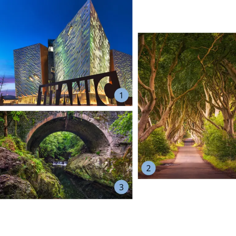 Nordirland – Filmkulissen Titanic Museum, Dark Hedges und Glenariff Forest Park Collage mit Titanic-Museum in Belfast, der Allee Dark Hedges aus Game of Thrones und alter Steinbrücke im Glenariff Forest Park – berühmte Highlights und Drehorte in Nordirland.