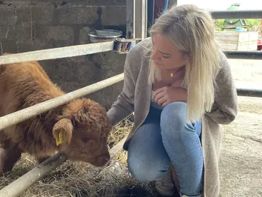 Tierische Begegnung in Schottland: Ein Hochlandrind-Kalb hautnah erleben Eine Frau kniet während ihres Urlaubs in einem Stall auf einem schottischen Bauernhof und streichelt liebevoll ein kleines, flauschiges Hochlandrind-Kalb – eine unvergessliche und herzliche Tierbegegnung auf einer Reise durch die Natur Schottlands.