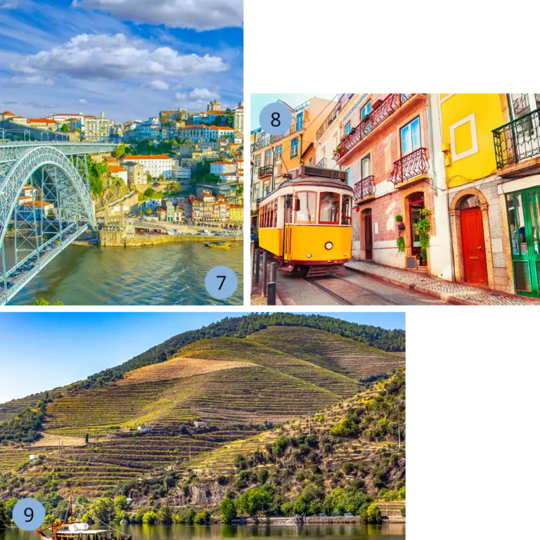 Auf dem Bild sind drei Bilder abgebildet. Ein Bild zeigt die charmante Küstenstadt Porto. Es wird die große Ponte Dom Luis I Brücke gezeigt. Auf dem zweiten Bild sieht man die traditionelle Straßenbahn in Lissabon. Das dritte Bild zeigt das Douro Tal, eine der schönsten Regionen Portugals, die auch für den dort erzeugten und angebauten Wein bekannt ist. Beliebte Reiseziele für Portugal Urlaub, Wanderungen und Küstenlandschaften. 