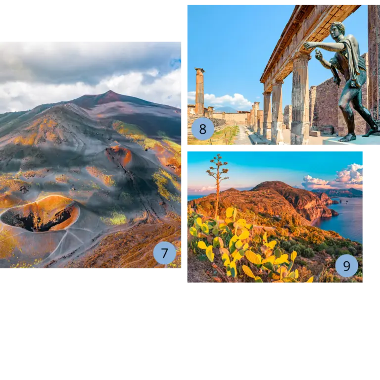 Collage mit Eindrücken aus Süditalien: Der Vulkan Ätna auf Sizilien mit seinen Kratern, antike Ruinen in Pompeji mit Statue und Tempel sowie die Küste der Liparischen Inseln mit beeindruckender Natur.