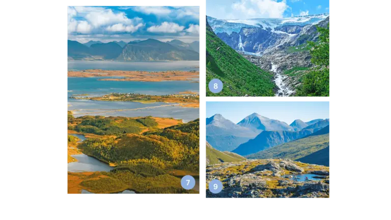 Norwegische Landschaften – Fjorde, Gletscher und Bergpanoramen Collage mit drei Landschaftsbildern: 1) Küstenlandschaft mit Fjorden und Inseln, 2) Gletscher mit Wasserfällen, 3) weite Berglandschaft unter blauem Himmel. Eindrucksvolle Naturvielfalt Norwegens.