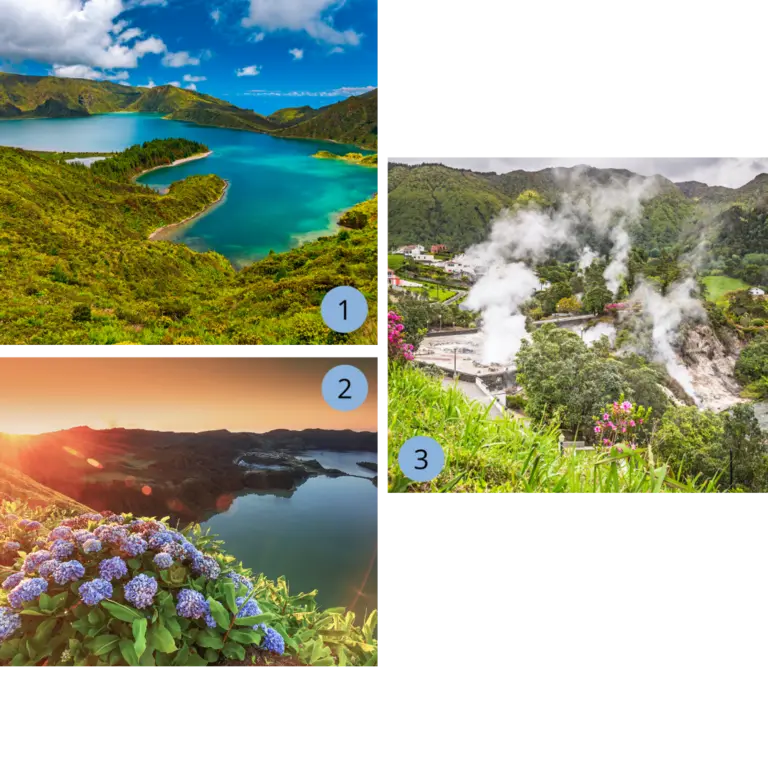 Unsere Lieblingsorte auf den Azoren - Lagoa do Fogo, Sete Cidades, Furnas - Wolters Rundreisen Auf den Bildern sind drei Highlights von São Miguel auf den Azoren zu sehen: Der tiefblaue Kratersee Lagoa do Fogo, umgeben von grünen Vulkanhängen; ein Aussichtspunkt mit Holzgeländer über die weite Vulkanlandschaft Sete Cidades mit türkisfarbenem See; sowie die heißen Thermalquellen von Furnas, aus denen weiße Dampfschwaden zwischen Häusern und üppiger Vegetation aufsteigen.