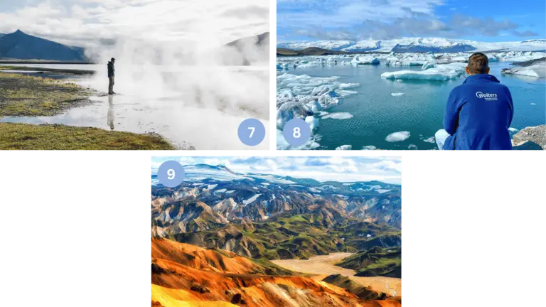 Die Bildcollage zeigt verschiedene Natur- und Reisemotive aus Island und dem hohen Norden. Zu sehen sind raue Küstenlandschaften mit klaren Gewässern, eisige Gletscherflächen, vulkanisch geprägte Ebenen sowie Orte mit Blick auf Fjorde und das offene Meer. Einzelne Aufnahmen zeigen Menschen, die die Landschaft erkunden und die Weite der Natur erleben. Die Bilder vermitteln eine Atmosphäre von Ursprünglichkeit, Ruhe und Abenteuer und stehen für naturnahes Reisen, Outdoor-Erlebnisse und landschaftliche Vielfalt in nordischen Regionen.