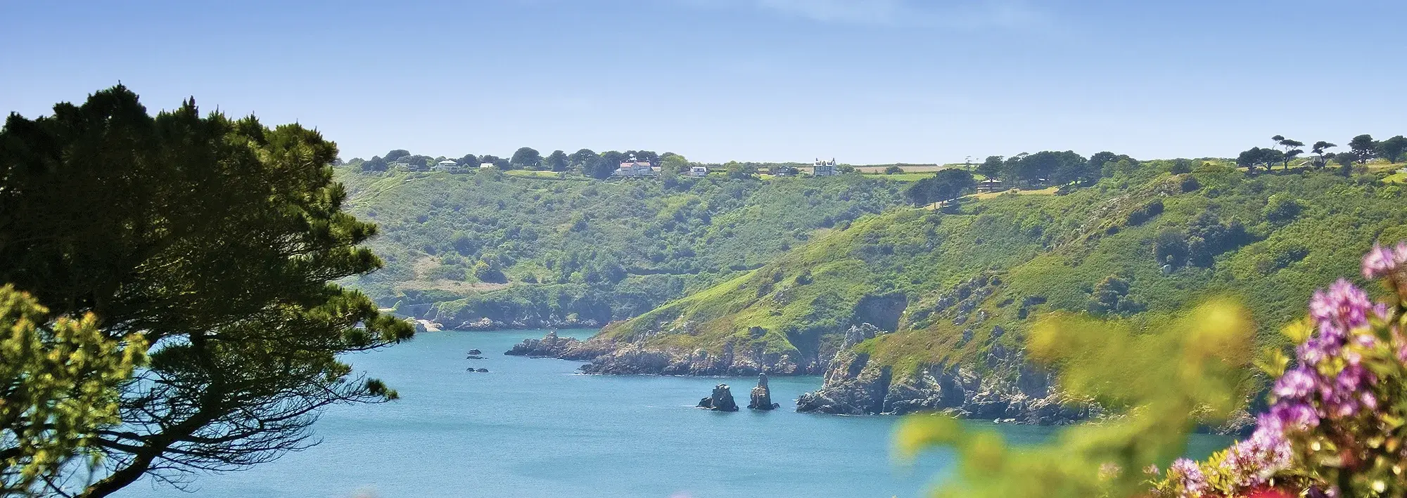 Grüne Hügel und Felsen an der Küste von Guernsey mit Blick auf das blaue Meer. 