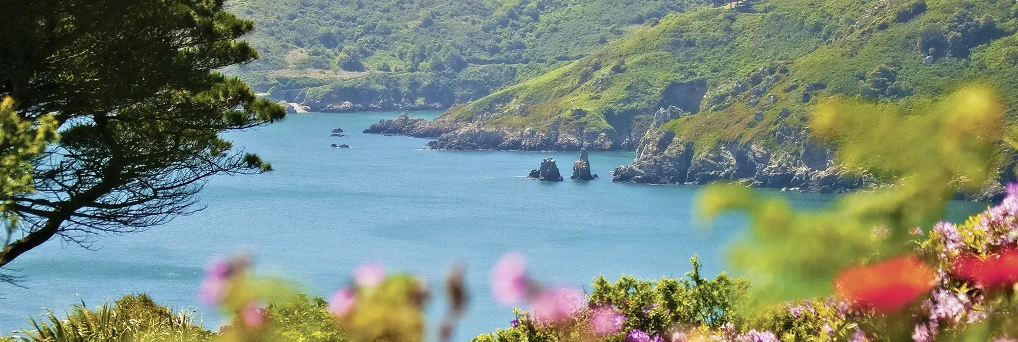 Grüne Hügel und Felsen an der Küste von Guernsey mit Blick auf das blaue Meer. 