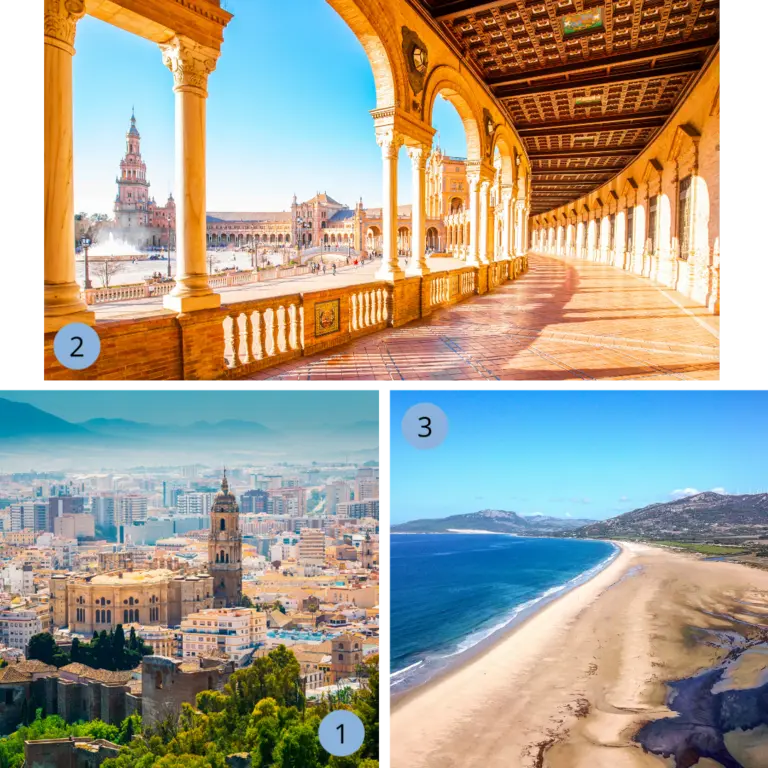 Sonniges Andalusien: Sevilla, Málaga und traumhafte Strände in Südspanien entdecken Eine dreiteilige Collage präsentiert die Highlights Südspaniens: Die prächtige Bogengalerie der Plaza de España in Sevilla, den weiten Panoramablick über Málaga mit seiner markanten Kathedrale und einen endlosen, naturbelassenen Sandstrand an der andalusischen Küste – ein perfekter Mix aus Kultur und Entspannung für einen unvergesslichen Spanien-Urlaub.