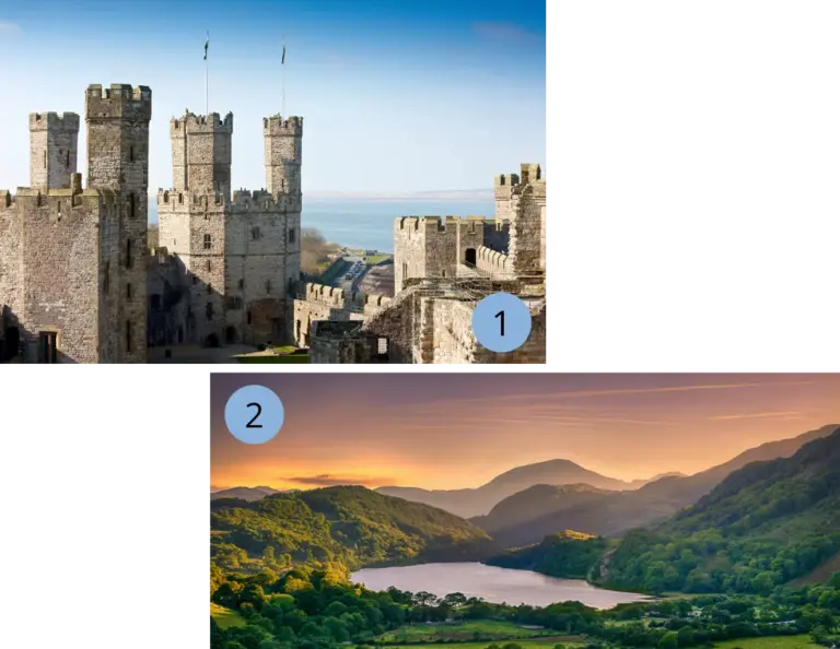 Schöne Filmkulissen in Wales - Caernarfon Castle und Eryri Nationalpark mit Wolters Rundreisen entdecken Das Bild zeigt zwei kleinere Bilder. Auf dem ersten Bild ist das Caernarfon Castle, das zum UNESCO Weltkulturerbe gehört, zu sehen. Es liegt in Wassernähe und hat viele Türme. Das zweite Bild
