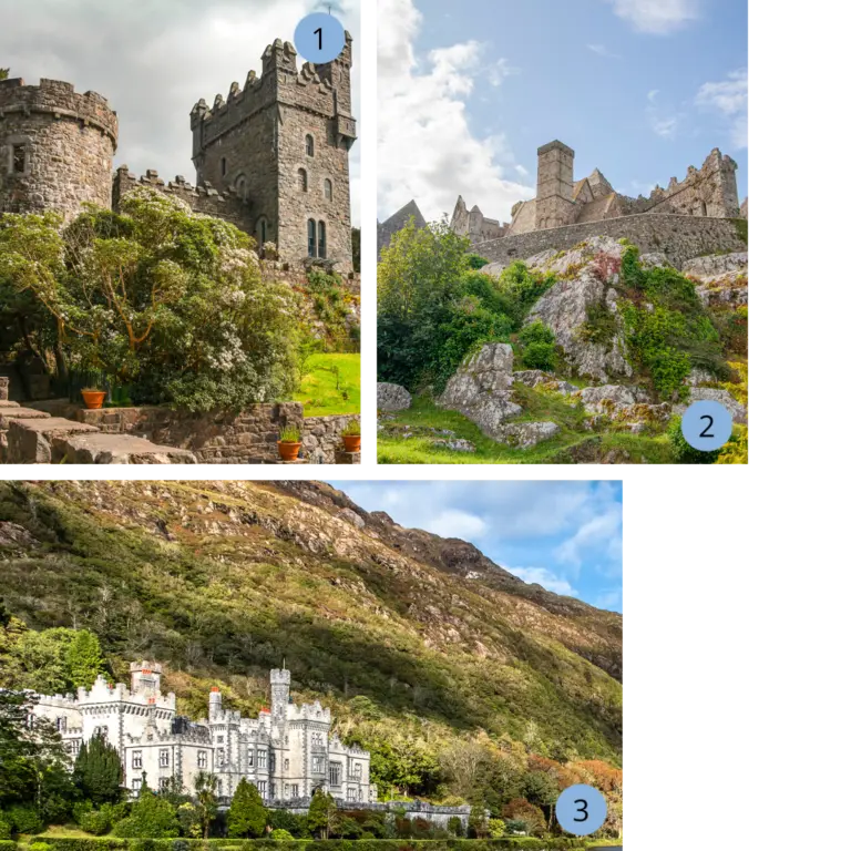 Collage mit Glenveagh Castle in Donegal, der Klosterburg Rock of Cashel in Tipperary und Kylemore Abbey in Connemara – eindrucksvolle Burgen und Schlösser in Irland.