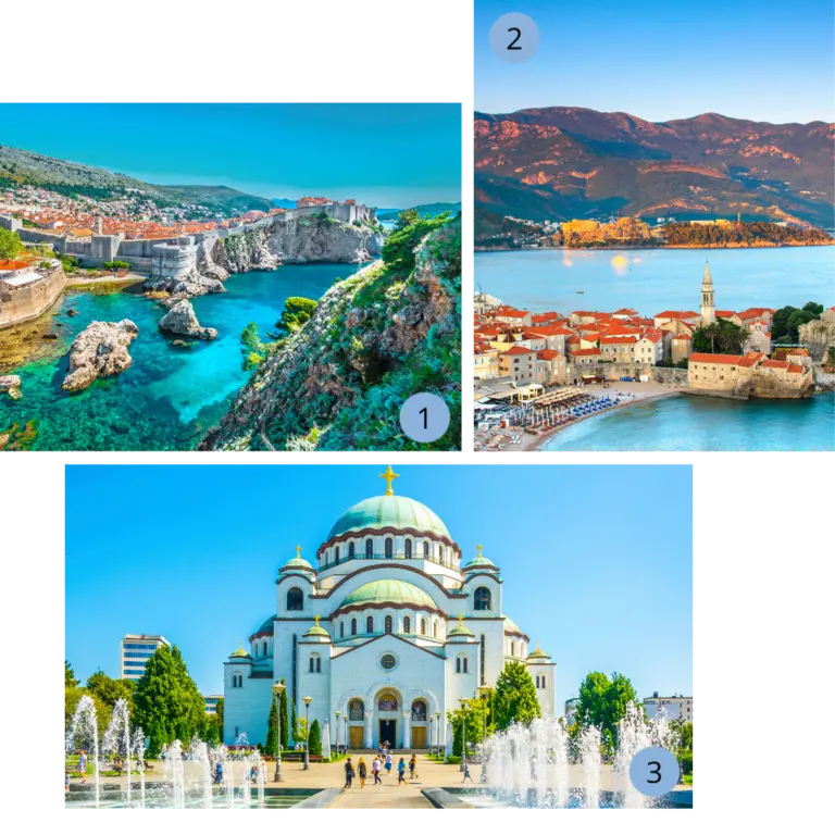 Auf dem Bild sind 3 kleinere Bilder zu erkennen:  Panoramablick auf Dubrovnik in Kroatien mit mächtigen Stadtmauern, roten Ziegeldächern der Altstadt, Festung am Meer und türkisblauem Wasser.  Altstadt von Budva in Montenegro mit roten Dächern, Strandpromenade, Stadtmauern und Blick auf das Meer vor der Kulisse der Adriatischen Berge.  St. Sava Kathedrale in Belgrad, Serbien, eine monumentale orthodoxe Kirche mit Kuppeln, weißen Fassaden und goldenen Kreuzen, umgeben von Park und Springbrunnen.