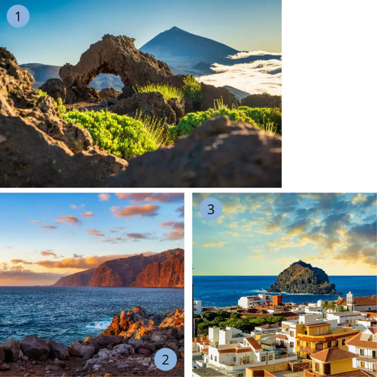 Eine dreiteilige Collage präsentiert die landschaftliche Vielfalt von Teneriffa: Den majestätischen Vulkan Teide hinter einem bizarren Felsbogen über den Wolken, die spektakulären Steilküsten von Los Gigantes im warmen Licht des Sonnenuntergangs und das historische Städtchen Garachico mit seinem markanten vorgelagerten Inselfelsen – eine perfekte Inspiration für einen abwechslungsreichen Urlaub in der Natur der Kanaren.