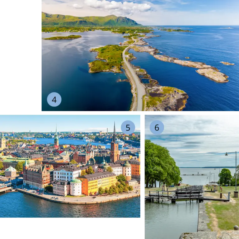 Eine dreiteilige Bildcollage zeigt Highlights einer Skandinavien-Reise: Die geschwungene Atlantikstraße in Norwegen aus der Vogelperspektive, das farbenfrohe Panorama von Stockholms Altstadt Gamla Stan am Wasser und die historischen Schleusen des Göta Kanals in Schweden inmitten grüner Natur – ein unvergessliches Erlebnis für jeden Urlaub im Norden.