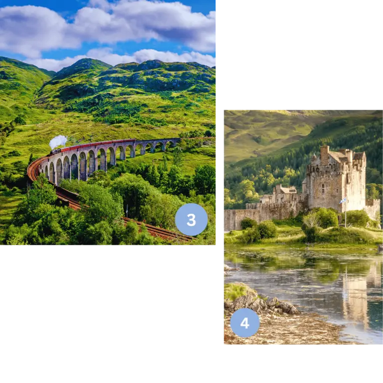 Ikonen der schottischen Highlands Eine Collage mit zwei Bildern 1) Ein historischer Zug über ein steinernes Viadukt durch grüne Berglandschaft. 2) Eine thronende mittelalterliche Burg idyllisch an einem ruhigen Seeufer.