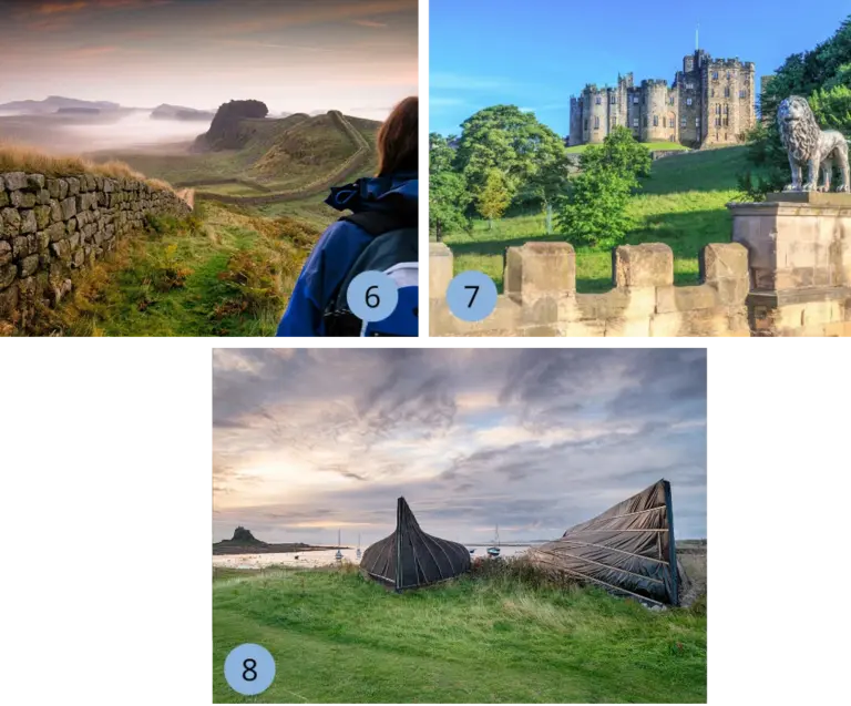 Eine dreiteilige Bildcollage zeigt die Highlights von Northumberland in Nordengland: Eine Wanderin blickt über den nebelverhangenen Hadrianswall, das majestätische Alnwick Castle hinter einer imposanten Löwenstatue und die ikonischen umgedrehten Bootsschuppen auf Lindisfarne (Holy Island) mit der Burg im Hintergrund – eine perfekte Inspiration für eine Reise voller Geschichte und Küstencharme.