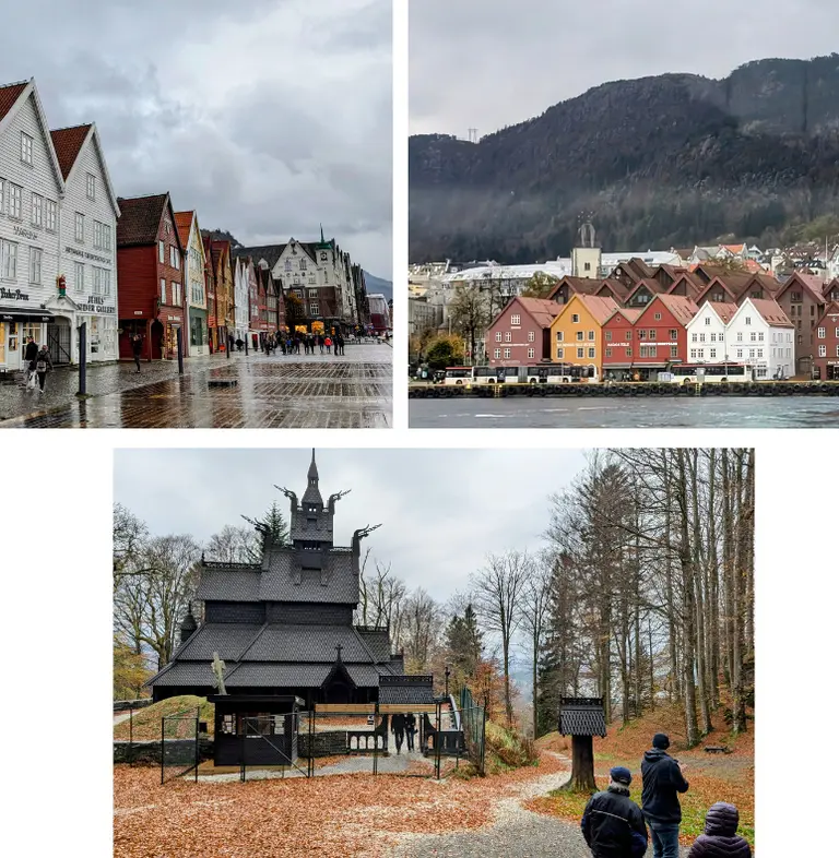 Collage mit Eindrücken aus Bergen: die bunten Holzhäuser des Bryggen-Viertels, der Hafen mit Bergkulisse und die Fantoft-Stabkirche im herbstlichen Wald.