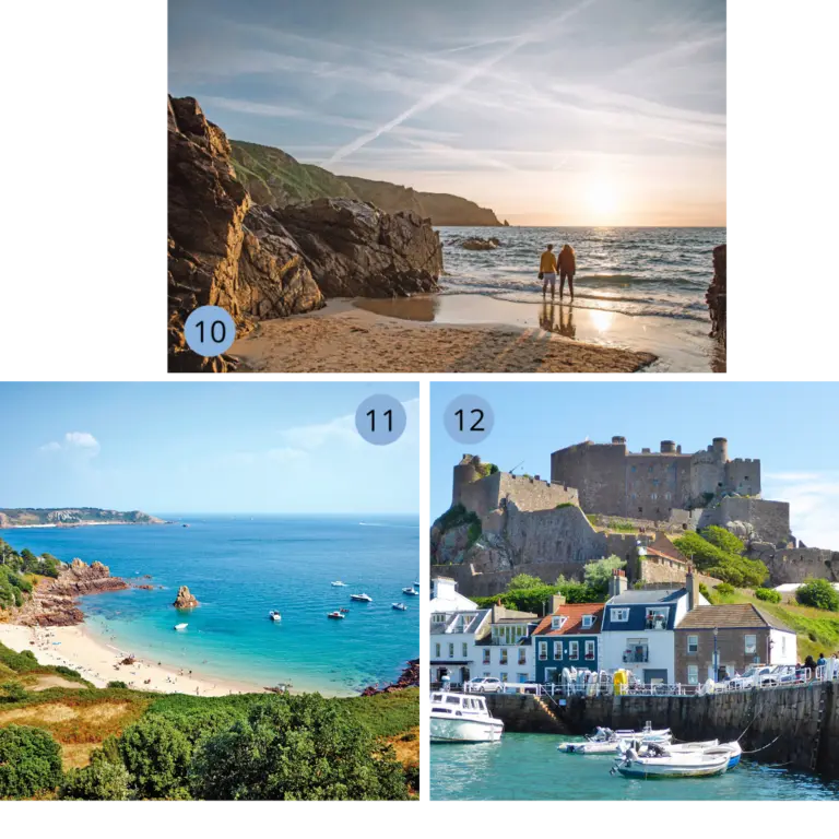 Collage mit drei Impressionen von Jersey: Ein Paar genießt den Sonnenuntergang an einem Strand, eingerahmt von Felsen. Eine Panoramaaufnahme zeigt die goldenen Strände und türkisfarbenen Buchten der Insel. Das Mont Orgueil Castle erhebt sich imposant über dem Hafen von Gorey, umgeben von weißen Häusern mit farbigen Dächern und Fischerbooten im Wasser.