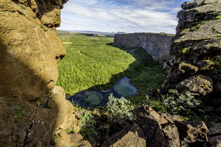 Blick in die hufeisenförmige Ásbyrgi-Schlucht im Norden Islands. Hohe Felswände umrahmen das grüne Tal mit dichtem Wald und kleinen, klaren Teichen. Im Vordergrund liegen moosbewachsene Felsen, während ein weiter Himmel die dramatische Landschaft ergänzt.