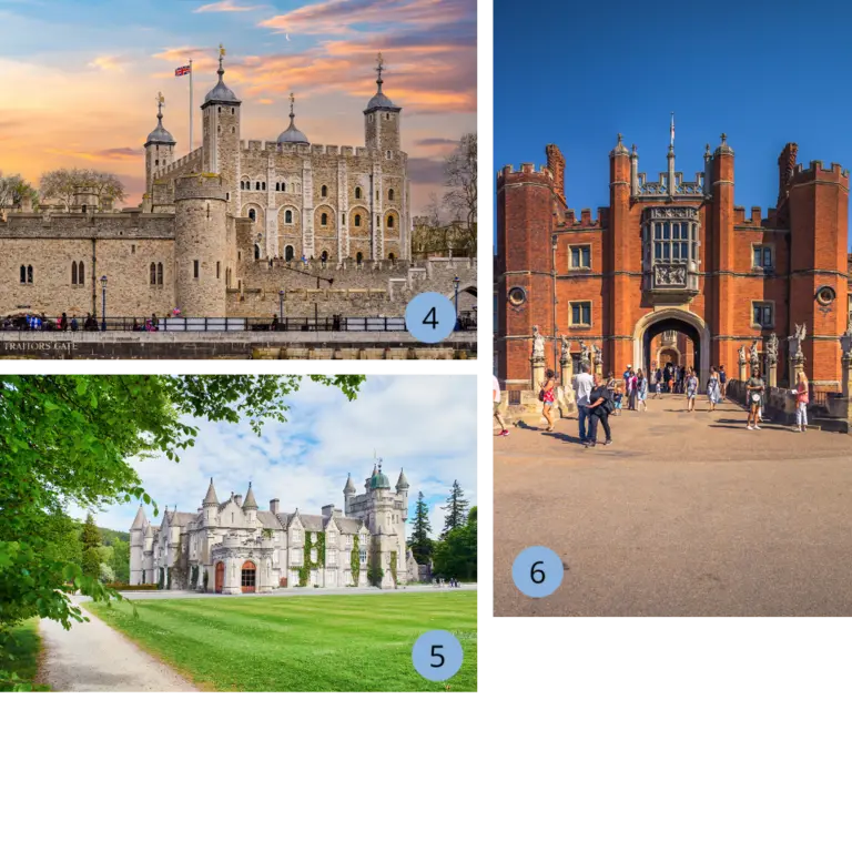  Collage mit drei berühmten Schlössern in Großbritannien: der historische Tower of London bei Sonnenuntergang das schottische Balmoral Castle umgeben von grüner Natur und der prächtige Hampton Court Palace aus rotem Backstein mit Besuchern am Eingangstor.
