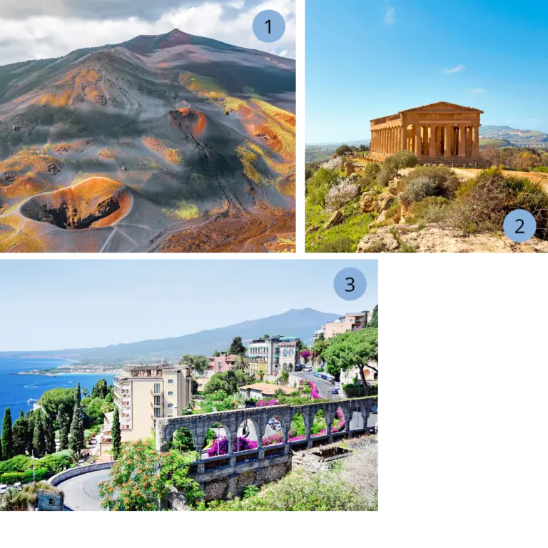 Unsere Lieblingsorte auf Sizilien - Vulkan Ätna, Tal der Tempel, Taormina - Wolters Rundreisen Collage mit dem Vulkan Ätna, dem Tal der Tempel in Agrigent und der Küstenstadt Taormina – einzigartige Mischung aus Naturwundern und antiker Kultur auf Sizilien.