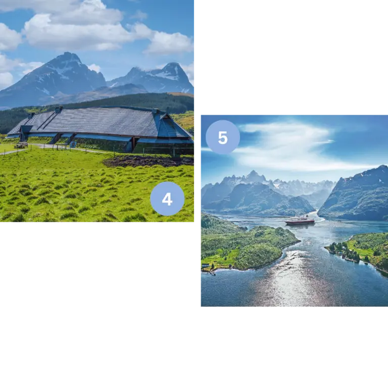 Wikingermuseum in Borg und Postschiffreise durch norwegische Fjorde Eine sschwarzes bauwerk verschmilzt mit der natur auf einer grünen Wiese, davor ist ein Weg. Im Hintergrund sind Berge, die sich bis zum blauen Himmel, mit ein paar weißen Wolken, strecken. Symbol für norwegisches Erbe und maritime Tradition. Luftaufnahme eines Kreuzfahrtschiffs, das zwischen hohen Bergen und tiefblauen Fjorden der Lofoten-Inseln fährt. Kombination aus unberührter Natur und modernem Reisen auf dem Meer.