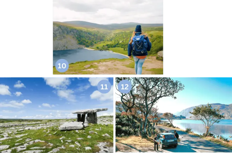 Unsere Lieblingsorte in Irland - Wicklow Mountains, Burrenregion, Glenveagh Nationalpark - Wolters Rundreisen Collage mit den Wicklow Mountains, der Burrenregion und dem Glenveagh Nationalpark – abwechslungsreiche Wander- und Naturparadiese in Irland.