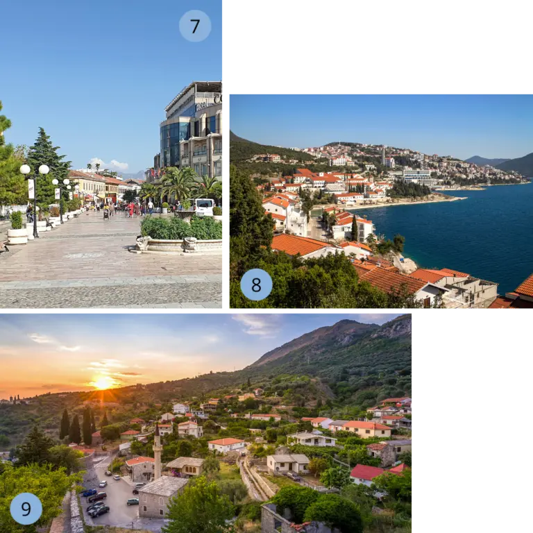 Auf dem Bild sind 3 kleinere Bilder zu erkennen: Eine belebte Promenade in Shkodra, Albanien, gesäumt von Palmen, modernen Gebäuden und Straßencafés, wo zahlreiche Menschen flanieren. Ein weiteres Bild zeigt die Küstenstadt Neum in Bosnien und Herzegowina mit roten Ziegeldächern, weißen Häusern, Hotels und Stränden direkt an der tiefblauen Adria. Das dritte Bild zeigt das Dorf Ulcinj in Montenegro inmitten grüner Hügel bei Sonnenuntergang, mit traditionellen Steinhäusern, einer Moschee und malerischer Landschaft.