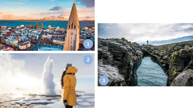 Collage mit Hallgrímskirkja in Reykjavik, dem berühmten Strokkur-Geysir im Golden Circle und der Küste von Snæfellsnes – Highlights im Westen von Island.