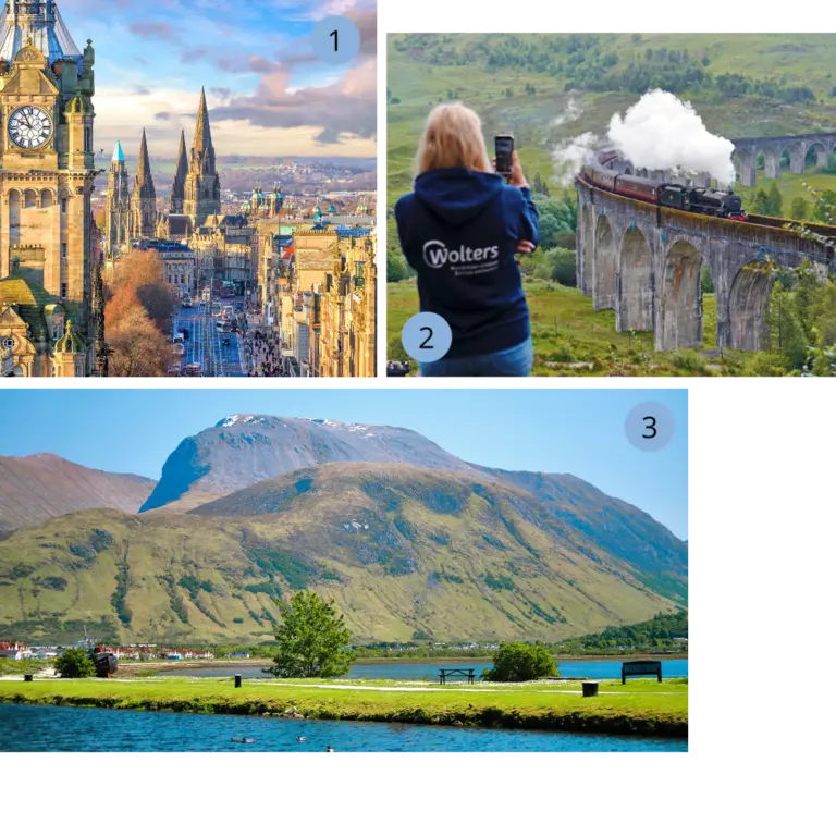 Schottland Highlights - Edinburgh, Glenfinnan-Viadukt und Ben Nevis Collage mit drei Motiven: Edinburghs Altstadt mit Uhrturm bei Sonnenuntergang, der Jacobite Steam Train beim Glenfinnan Viadukt und Ben Nevis, Schottlands größter See vor einem See. Kombination aus Stadt, Bahnromantik und Naturerlebnis.