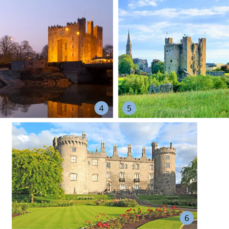 Collage mit Bunratty Castle bei Limerick, Trim Castle in Meath und Kilkenny Castle – historische Burgen und Schlösser in Irlands Geschichte.