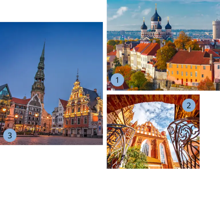 Unsere Lieblingsorte im Baltikum - Tallinn, Vilnius, Riga - Wolters Rundreisen Collage mit den drei Hauptstädten des Baltikums: Tallinn mit der russisch-orthodoxen Alexander-Newski-Kathedrale und mittelalterlichen Häusern, Vilnius mit der gotischen St.-Anna-Kirche in warmem Backsteinrot und Riga mit der markanten goldenen Kuppel der orthodoxen Christi-Geburts-Kathedrale.