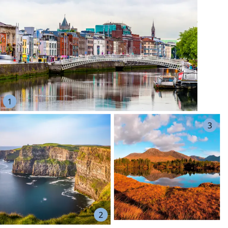 Irland Rundreise: Dublins Ha'penny Bridge, die Cliffs of Moher und die Weite von Connemara Eine dreiteilige Bildcollage präsentiert die Highlights einer Reise durch Irland: Die ikonische weiße Ha'penny Bridge in Dublin, die sich im Fluss Liffey spiegelt, die dramatisch aufragenden Cliffs of Moher an der wilden Atlantikküste und eine spiegelglatte Seenlandschaft in den Highlands von Connemara inmitten goldbrauner Hügel – die perfekte Inspiration für einen abwechslungsreichen Irland-Urlaub.