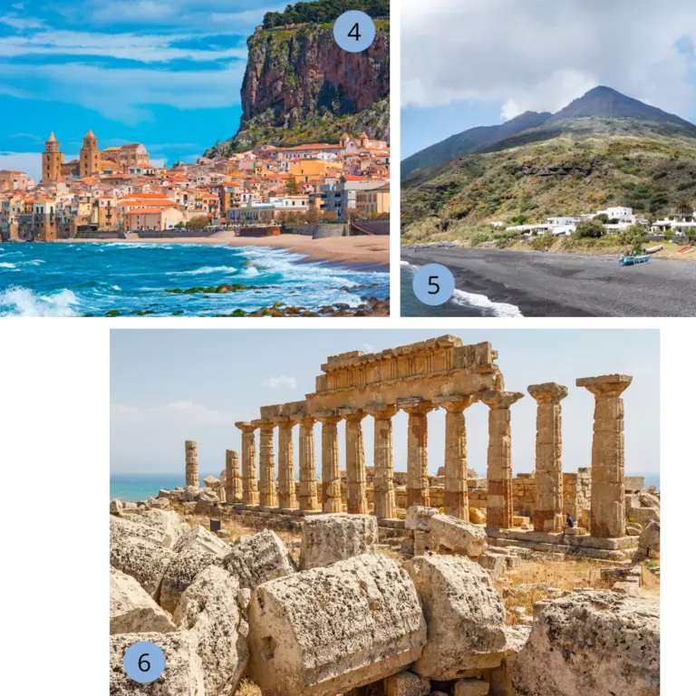 Unsere Lieblingsorte auf Sizilien - Rocca di Cefalú, Ginostra, Selinunt - Wolters Rundreisen Collage mit der Küstenstadt Cefalù, den Liparischen Inseln und dem antiken Tempel von Selinunt – malerische Orte und archäologische Highlights Siziliens.